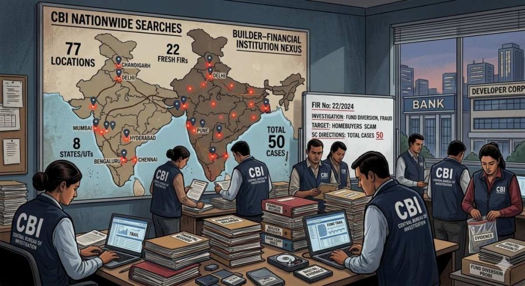 CBI का बढ़ा एक्शन: दिल्ली समेत 8 राज्यों में 77 ठिकानों पर छापेमारी, बिल्डर-बैंक गठजोड़ का पर्दाफाश।