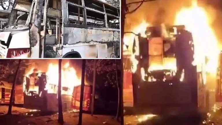 रायपुर के भाठागांव बस स्टैंड में खड़ी बस में लगी आग